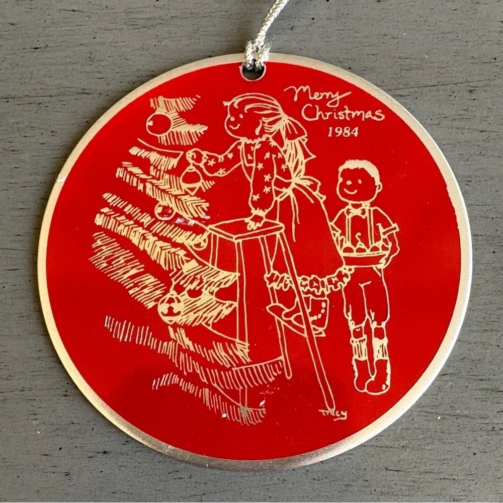 Vintage Holiday Christmas Ornament Red Round 1984 Boy Girl Christmas Tree